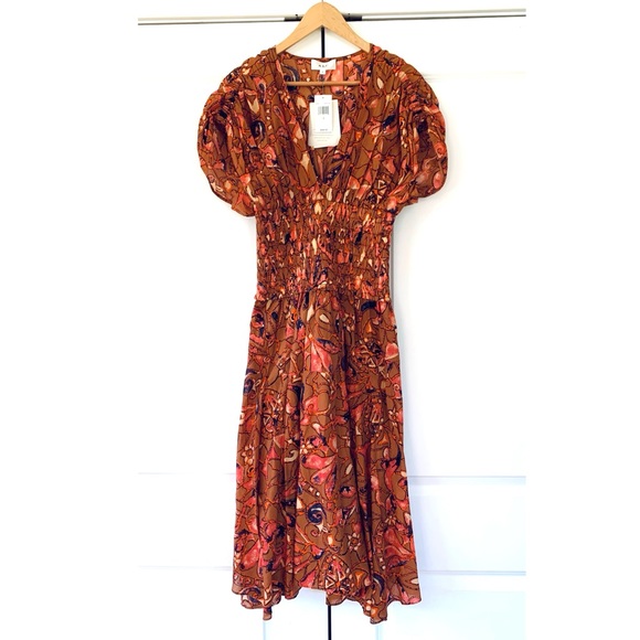 ALC Lucia Smocked Midi Dress Block Print Cotton Sundress Fit & Flare NEW Size 0 - Picture 2 of 9